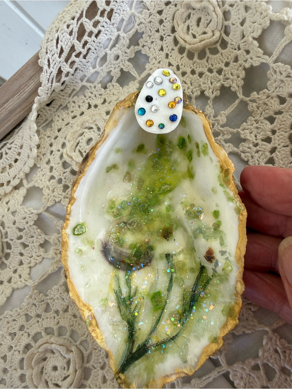 Handmade Botanical Rhinestone Oyster Shell Trinket Dish 5 in